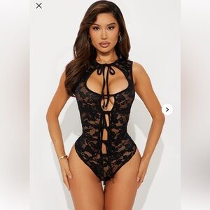 Show It Off Lace Tie Front Sheer Bodysuit - Black